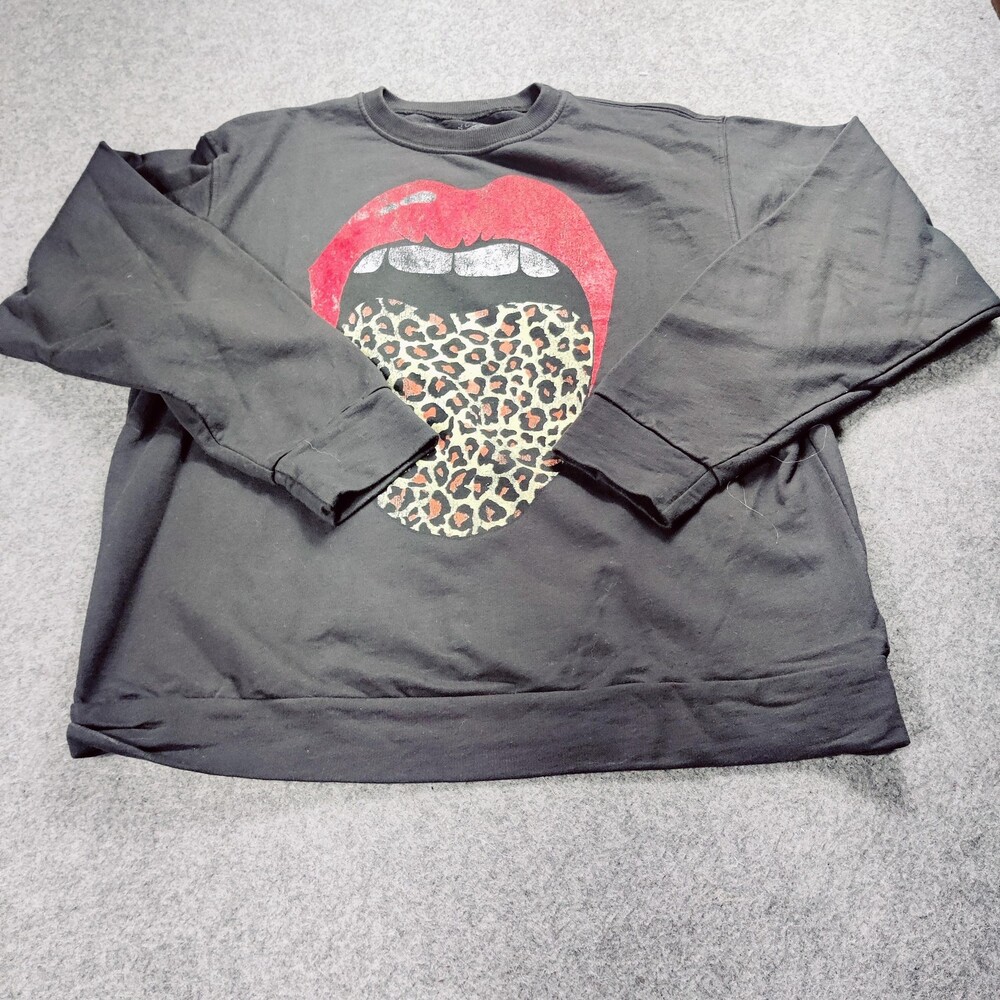 Prince Peter Collection Sweatshirt Women Large Black Hot Lips Leopard Stones USA